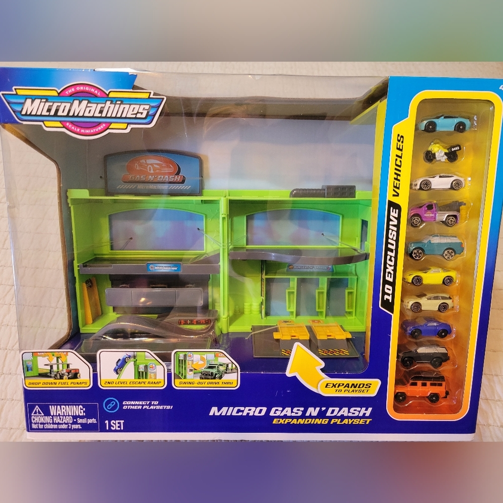 Micro Gas N' Dash Playset With Exclusive Vehicles- New